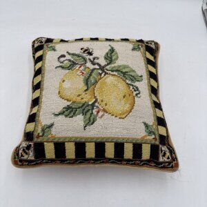 Wool Throw PIllow Needlepoint Lemons Grandmacore 13" X 13" Cottage Velvet Back